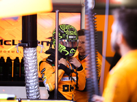 Lando Norris prepares in the McLaren garage during the third Free Practice session of the Formula 1 Heineken Silver Las Vegas Grand Prix in...