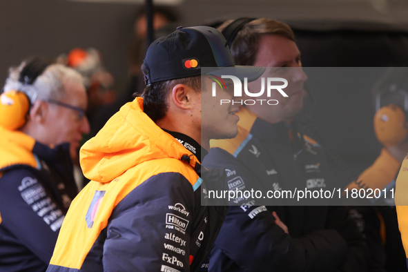 Lando Norris prepares in the McLaren garage during the third Free Practice session of the Formula 1 Heineken Silver Las Vegas Grand Prix in...