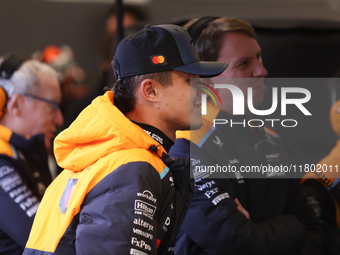 Lando Norris prepares in the McLaren garage during the third Free Practice session of the Formula 1 Heineken Silver Las Vegas Grand Prix in...