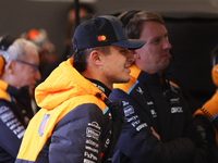 Lando Norris prepares in the McLaren garage during the third Free Practice session of the Formula 1 Heineken Silver Las Vegas Grand Prix in...