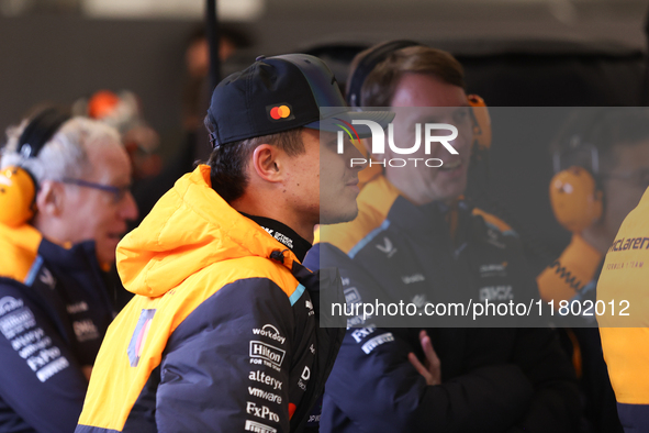 Lando Norris prepares in the McLaren garage during the third Free Practice session of the Formula 1 Heineken Silver Las Vegas Grand Prix in...