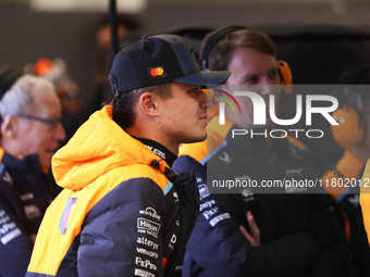 Lando Norris prepares in the McLaren garage during the third Free Practice session of the Formula 1 Heineken Silver Las Vegas Grand Prix in...