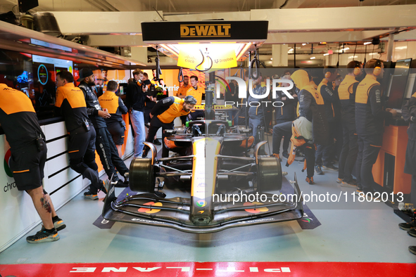 Lando Norris prepares in the McLaren garage during the third Free Practice session of the Formula 1 Heineken Silver Las Vegas Grand Prix in...