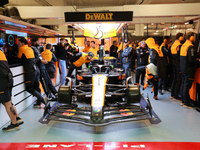 Lando Norris prepares in the McLaren garage during the third Free Practice session of the Formula 1 Heineken Silver Las Vegas Grand Prix in...