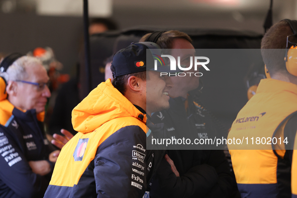 Lando Norris prepares in the McLaren garage during the third Free Practice session of the Formula 1 Heineken Silver Las Vegas Grand Prix in...