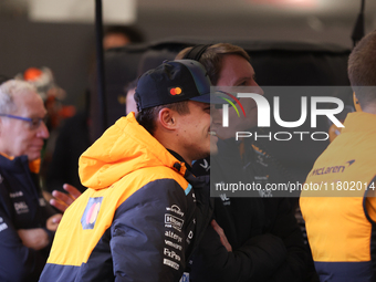 Lando Norris prepares in the McLaren garage during the third Free Practice session of the Formula 1 Heineken Silver Las Vegas Grand Prix in...