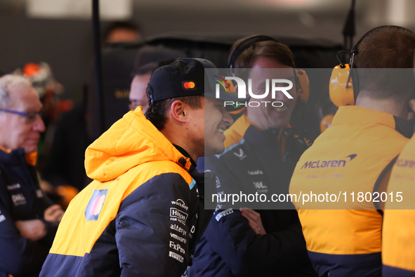 Lando Norris prepares in the McLaren garage during the third Free Practice session of the Formula 1 Heineken Silver Las Vegas Grand Prix in...