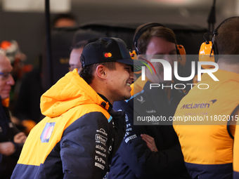 Lando Norris prepares in the McLaren garage during the third Free Practice session of the Formula 1 Heineken Silver Las Vegas Grand Prix in...