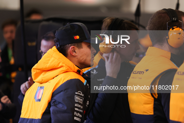 Lando Norris prepares in the McLaren garage during the third Free Practice session of the Formula 1 Heineken Silver Las Vegas Grand Prix in...