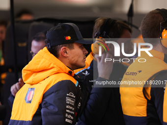 Lando Norris prepares in the McLaren garage during the third Free Practice session of the Formula 1 Heineken Silver Las Vegas Grand Prix in...