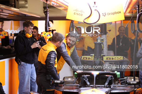 The McLaren team prepares in the McLaren garage during the third Free Practice session of the Formula 1 Heineken Silver Las Vegas Grand Prix...