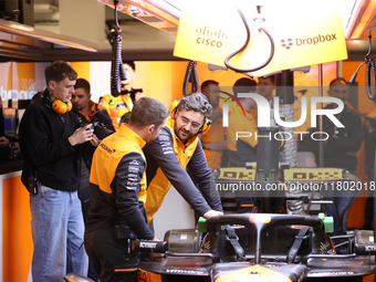 The McLaren team prepares in the McLaren garage during the third Free Practice session of the Formula 1 Heineken Silver Las Vegas Grand Prix...