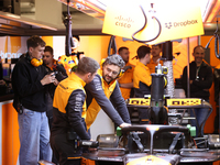 The McLaren team prepares in the McLaren garage during the third Free Practice session of the Formula 1 Heineken Silver Las Vegas Grand Prix...