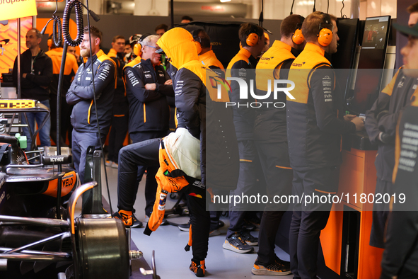 Lando Norris prepares in the McLaren garage during the third Free Practice session of the Formula 1 Heineken Silver Las Vegas Grand Prix in...