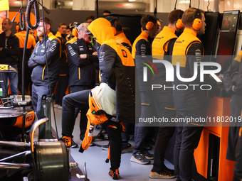 Lando Norris prepares in the McLaren garage during the third Free Practice session of the Formula 1 Heineken Silver Las Vegas Grand Prix in...