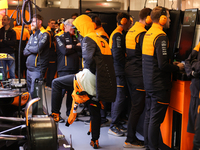 Lando Norris prepares in the McLaren garage during the third Free Practice session of the Formula 1 Heineken Silver Las Vegas Grand Prix in...