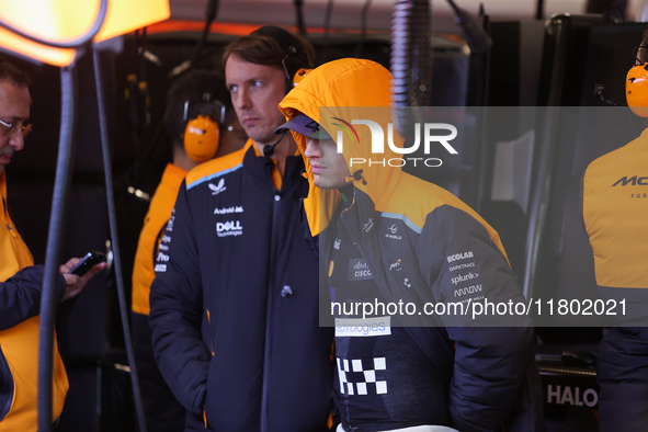 Lando Norris prepares in the McLaren garage during the third Free Practice session of the Formula 1 Heineken Silver Las Vegas Grand Prix in...