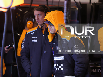 Lando Norris prepares in the McLaren garage during the third Free Practice session of the Formula 1 Heineken Silver Las Vegas Grand Prix in...