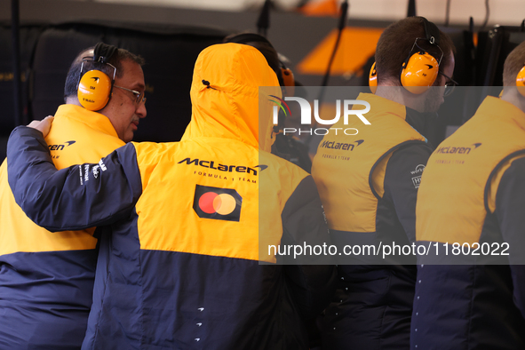 Lando Norris prepares in the McLaren garage during the third Free Practice session of the Formula 1 Heineken Silver Las Vegas Grand Prix in...