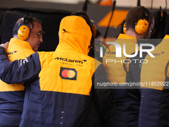 Lando Norris prepares in the McLaren garage during the third Free Practice session of the Formula 1 Heineken Silver Las Vegas Grand Prix in...