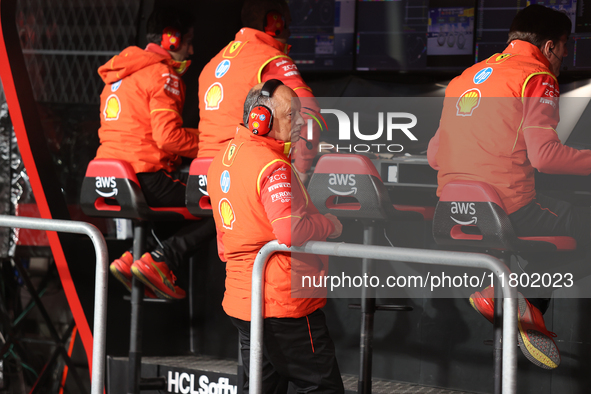 Frederic Vasseur and the Ferrari team participate in the third Free Practice session of the Formula 1 Heineken Silver Las Vegas Grand Prix i...