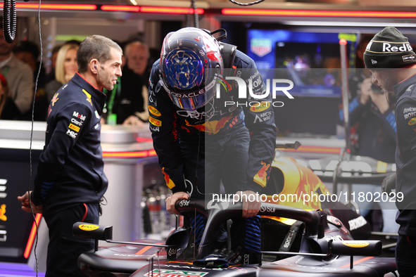 Max Verstappen and the Red Bull team prepare ahead of the third Free Practice session of the Formula 1 Heineken Silver Las Vegas Grand Prix...