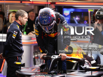 Max Verstappen and the Red Bull team prepare ahead of the third Free Practice session of the Formula 1 Heineken Silver Las Vegas Grand Prix...