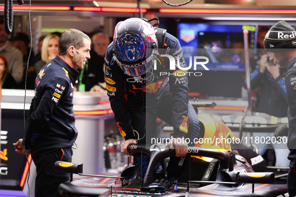 Max Verstappen and the Red Bull team prepare ahead of the third Free Practice session of the Formula 1 Heineken Silver Las Vegas Grand Prix...