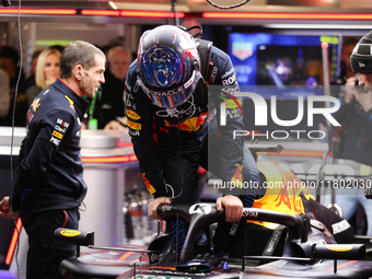 Max Verstappen and the Red Bull team prepare ahead of the third Free Practice session of the Formula 1 Heineken Silver Las Vegas Grand Prix...