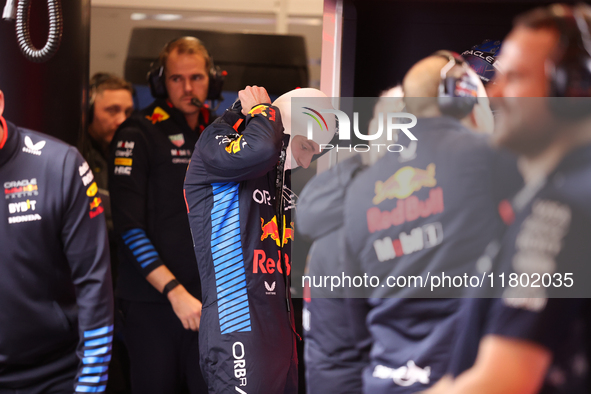 Max Verstappen and the Red Bull team prepare ahead of the third Free Practice session of the Formula 1 Heineken Silver Las Vegas Grand Prix...