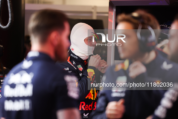 Max Verstappen and the Red Bull team prepare ahead of the third Free Practice session of the Formula 1 Heineken Silver Las Vegas Grand Prix...