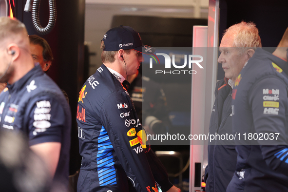 Max Verstappen and the Red Bull team prepare ahead of the third Free Practice session of the Formula 1 Heineken Silver Las Vegas Grand Prix...