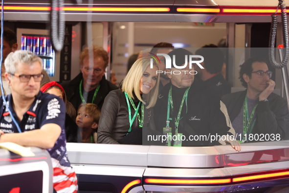 Jenny McCarthy and Donnie Wahlberg are in the Red Bull garage during the third Free Practice session of the Formula 1 Heineken Silver Las Ve...