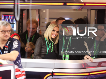 Jenny McCarthy and Donnie Wahlberg are in the Red Bull garage during the third Free Practice session of the Formula 1 Heineken Silver Las Ve...