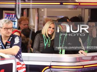 Jenny McCarthy and Donnie Wahlberg are in the Red Bull garage during the third Free Practice session of the Formula 1 Heineken Silver Las Ve...