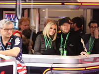 Jenny McCarthy and Donnie Wahlberg are in the Red Bull garage during the third Free Practice session of the Formula 1 Heineken Silver Las Ve...