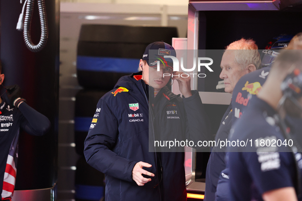 Max Verstappen and the Red Bull team prepare ahead of the third Free Practice session of the Formula 1 Heineken Silver Las Vegas Grand Prix...