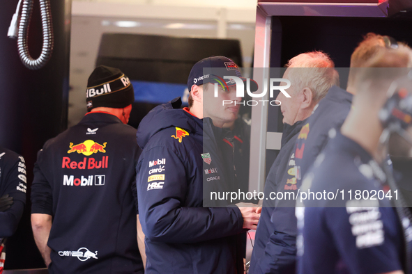 Max Verstappen and the Red Bull team prepare ahead of the third Free Practice session of the Formula 1 Heineken Silver Las Vegas Grand Prix...