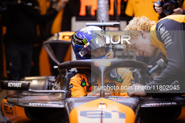 Oscar Piastri prepares for the third Free Practice session of the Formula 1 Heineken Silver Las Vegas Grand Prix in Las Vegas, Nevada. 