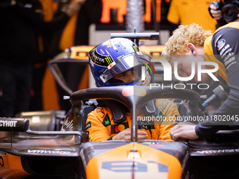 Oscar Piastri prepares for the third Free Practice session of the Formula 1 Heineken Silver Las Vegas Grand Prix in Las Vegas, Nevada. (