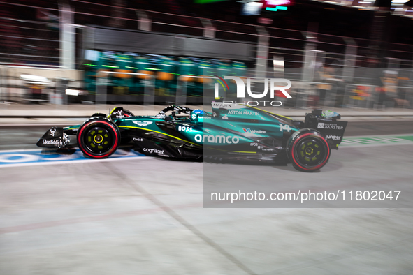 Lance Stroll drives during the third Free Practice session of the Formula 1 Heineken Silver Las Vegas Grand Prix in Las Vegas, Nevada. 