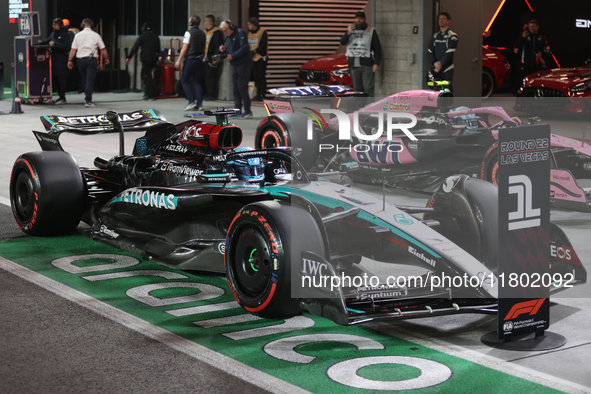 George Russell places first (P1) in Qualifying during the Formula 1 Heineken Las Vegas Grand Prix in Las Vegas, Nevada. 