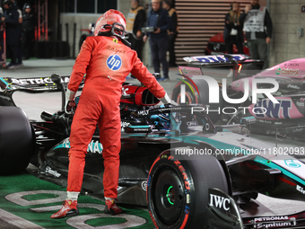 Carlos Sainz congratulates George Russell on his P1 Qualifying finish during the Formula 1 Heineken Las Vegas Grand Prix in Las Vegas, Nevad...