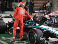 Carlos Sainz congratulates George Russell on his P1 Qualifying finish during the Formula 1 Heineken Las Vegas Grand Prix in Las Vegas, Nevad...