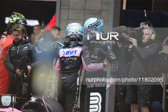 Pierre Gasly congratulates George Russell on his P1 Qualifying finish during the Formula 1 Heineken Las Vegas Grand Prix in Las Vegas, Nevad...