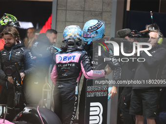 Pierre Gasly congratulates George Russell on his P1 Qualifying finish during the Formula 1 Heineken Las Vegas Grand Prix in Las Vegas, Nevad...