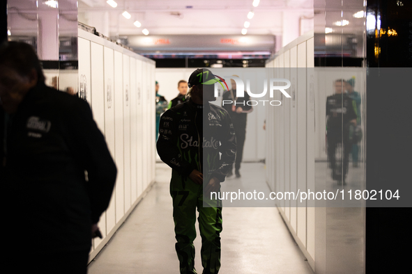 Valtteri Bottas emerges from the FIA garage following qualifying during the Formula 1 Heineken Las Vegas Grand Prix in Las Vegas, Nevada, on...