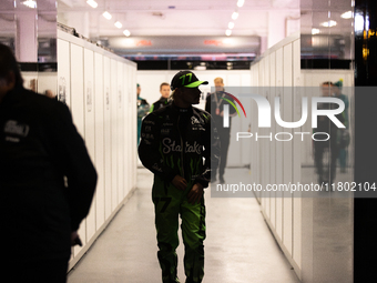 Valtteri Bottas emerges from the FIA garage following qualifying during the Formula 1 Heineken Las Vegas Grand Prix in Las Vegas, Nevada, on...