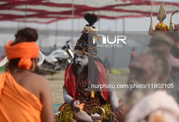 Indian Sadhus (Hindu holy men) gather during the Dharam Dhwaja (religious flag) ceremony at the Sangam area, ahead of the upcoming Maha Kumb...