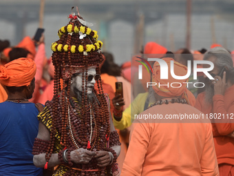 Indian Sadhus (Hindu holy men) gather during the Dharam Dhwaja (religious flag) ceremony at the Sangam area, ahead of the upcoming Maha Kumb...